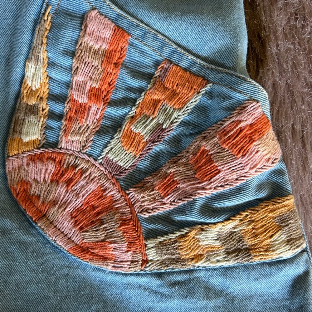 Chasing Unicorns Waiting for the Sun embroidered short denim overalls size M - Picture 10 of 17
